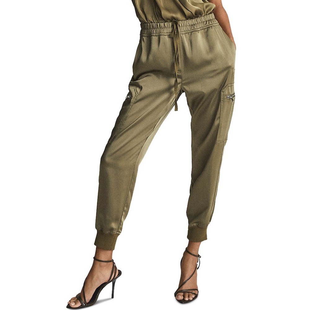 REISS TYLER SATIN CARGO PANTS IN KHAKI SIZE 4
